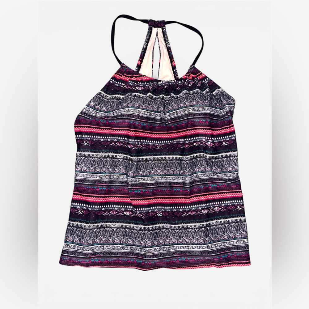 Kona Sol Vibrant Patterned Versatile Halter Work-Out Swim Lounge Top Lg